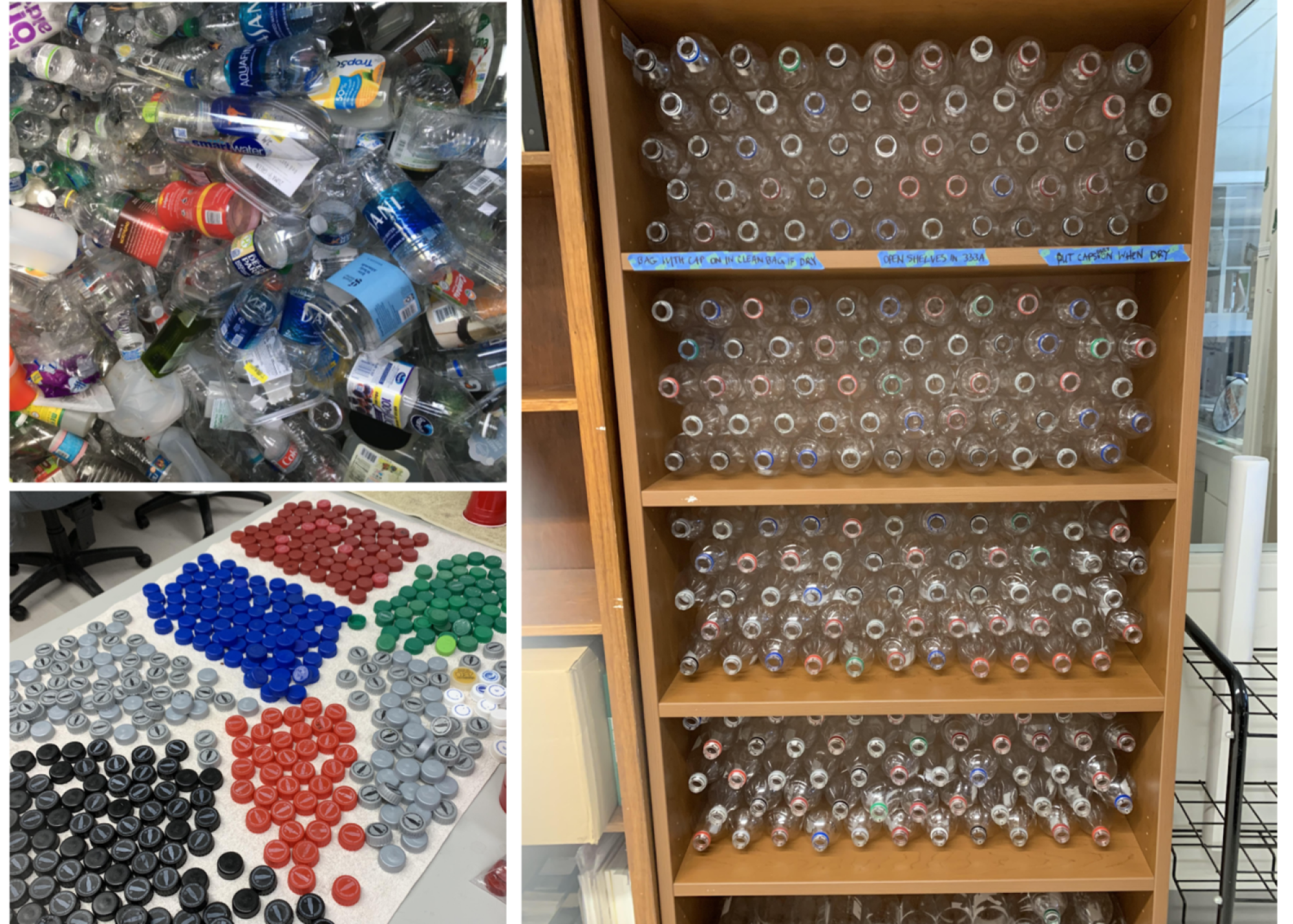 These tinted notes were stuffed into over 1,300 plastic bottles that were recovered by the UVA Recycling Center and washed, prepared, and sorted by Write Climate students. Each bottle was painted half black with latex paint.