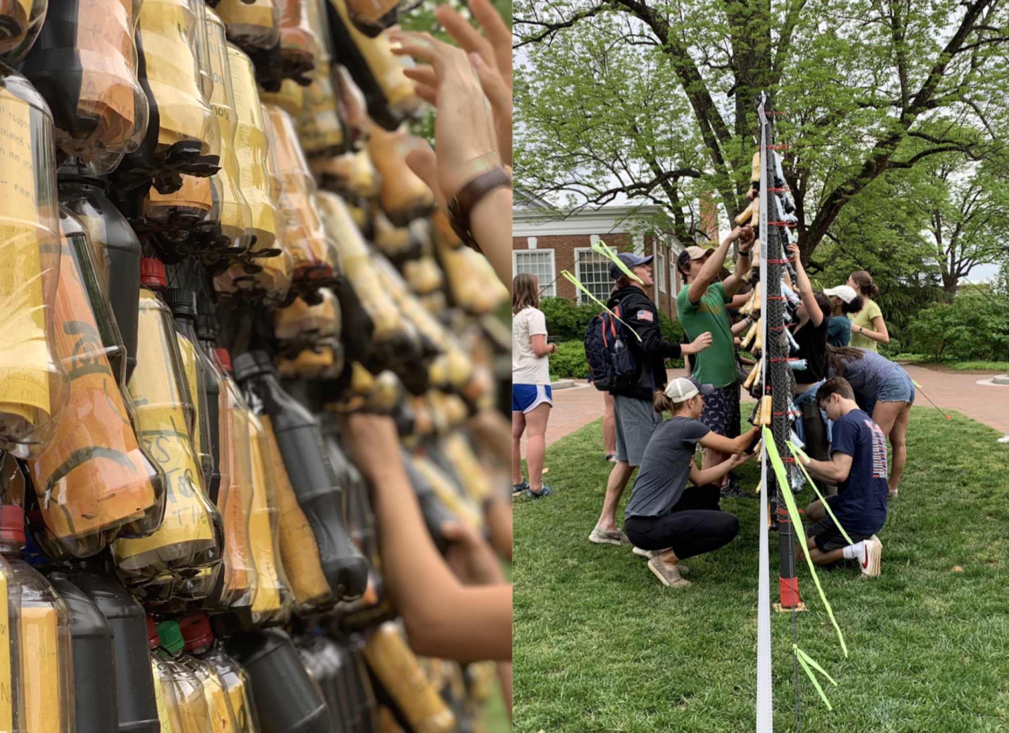 These bottles were tied with thread to a recycled fishing net held up between two repurposed bamboo poles. The bottles were attached by the neck so they could be spun around to show either the black paint or the colorful notes inside.