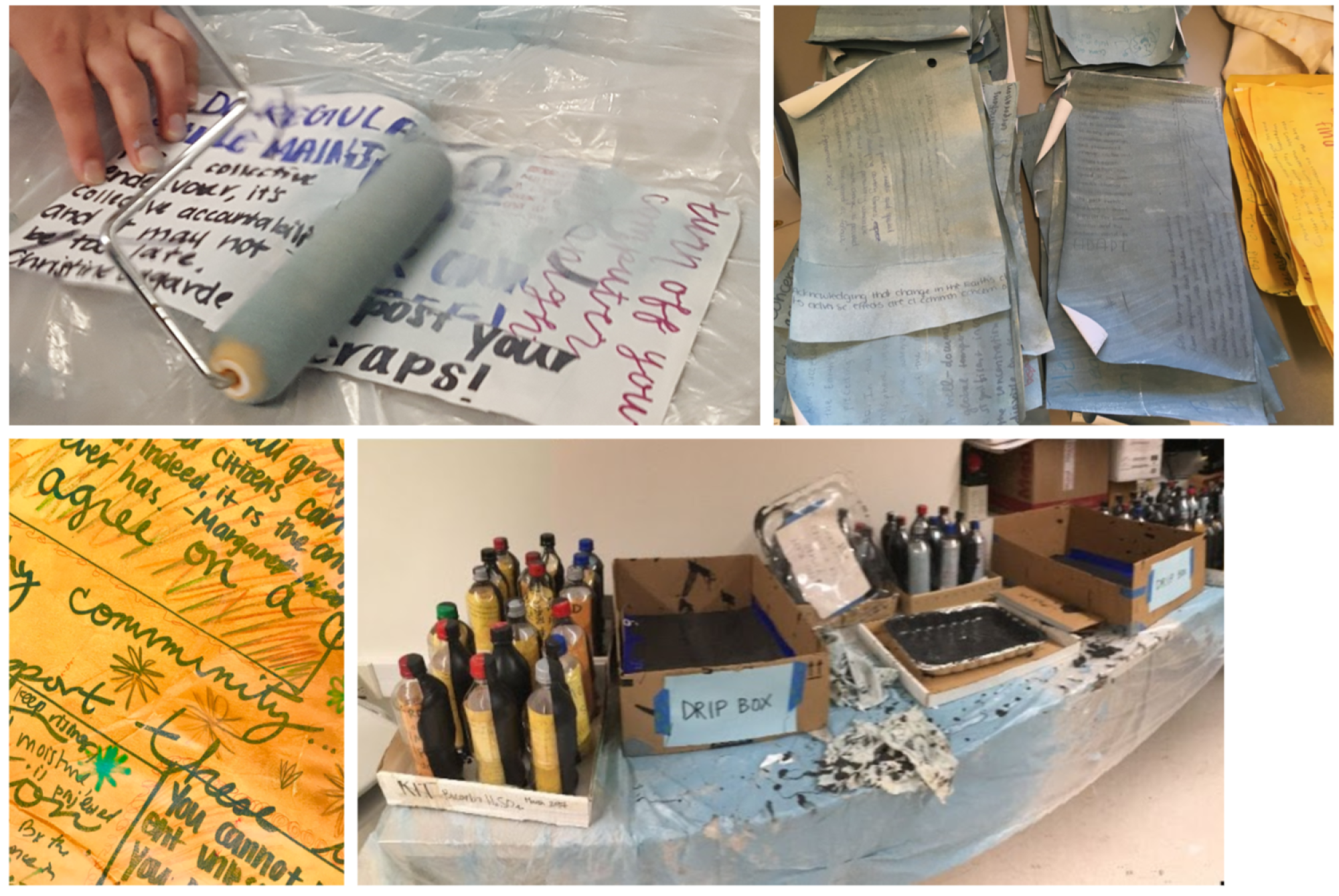 Write Climate students incorporated these notes into their art piece by collaging them together and tinting them with blue and yellow paint.